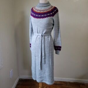 Vintage 70s 80s Celebration Grey Fair‎ Isle Turtleneck Sweater Dress Belt Midi M
